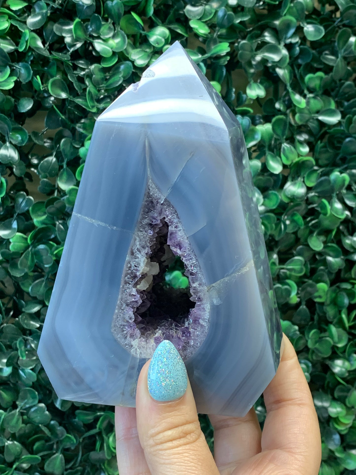 Agate x Amethyst Tower (calcite inclusions)