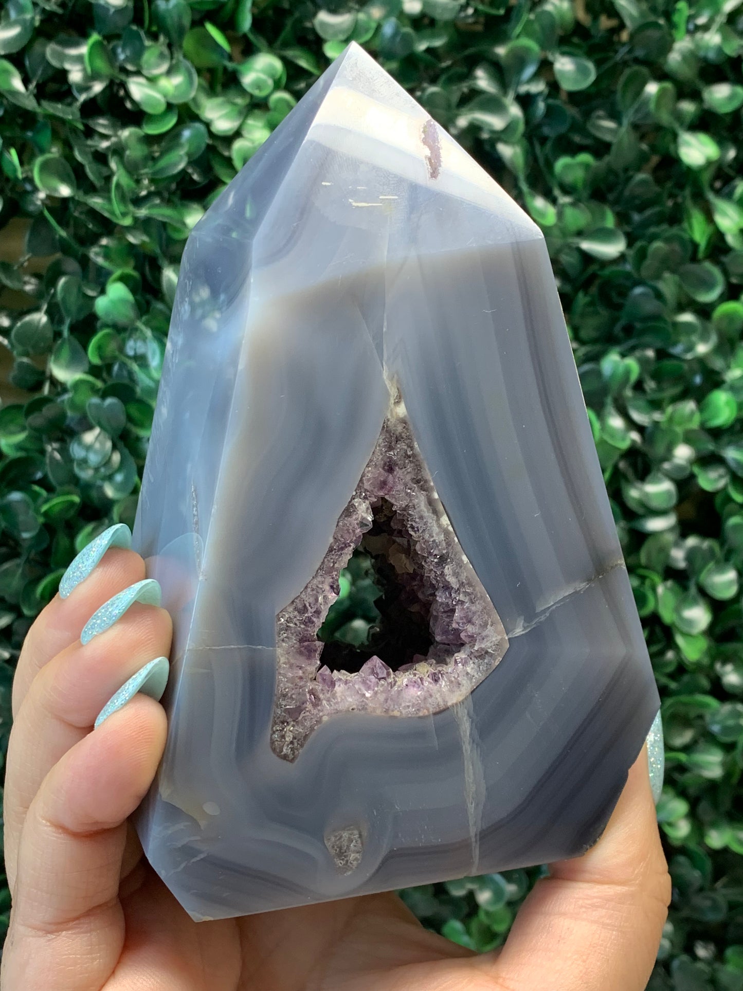 Agate x Amethyst Tower (calcite inclusions)
