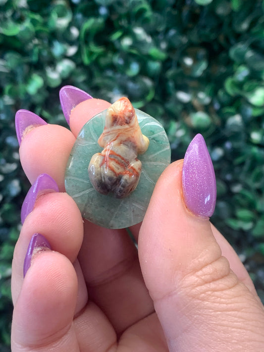 Crazy Lace Agate Frog on Green Aventurine Leaf - Intuitively chosen