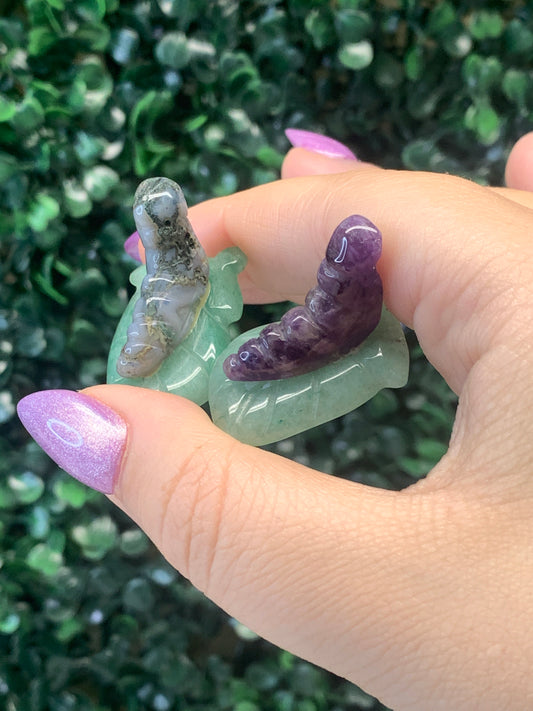 Moss Agate & Amethyst Caterpillars on Green Aventurine Leaf - Intuitively Chosen