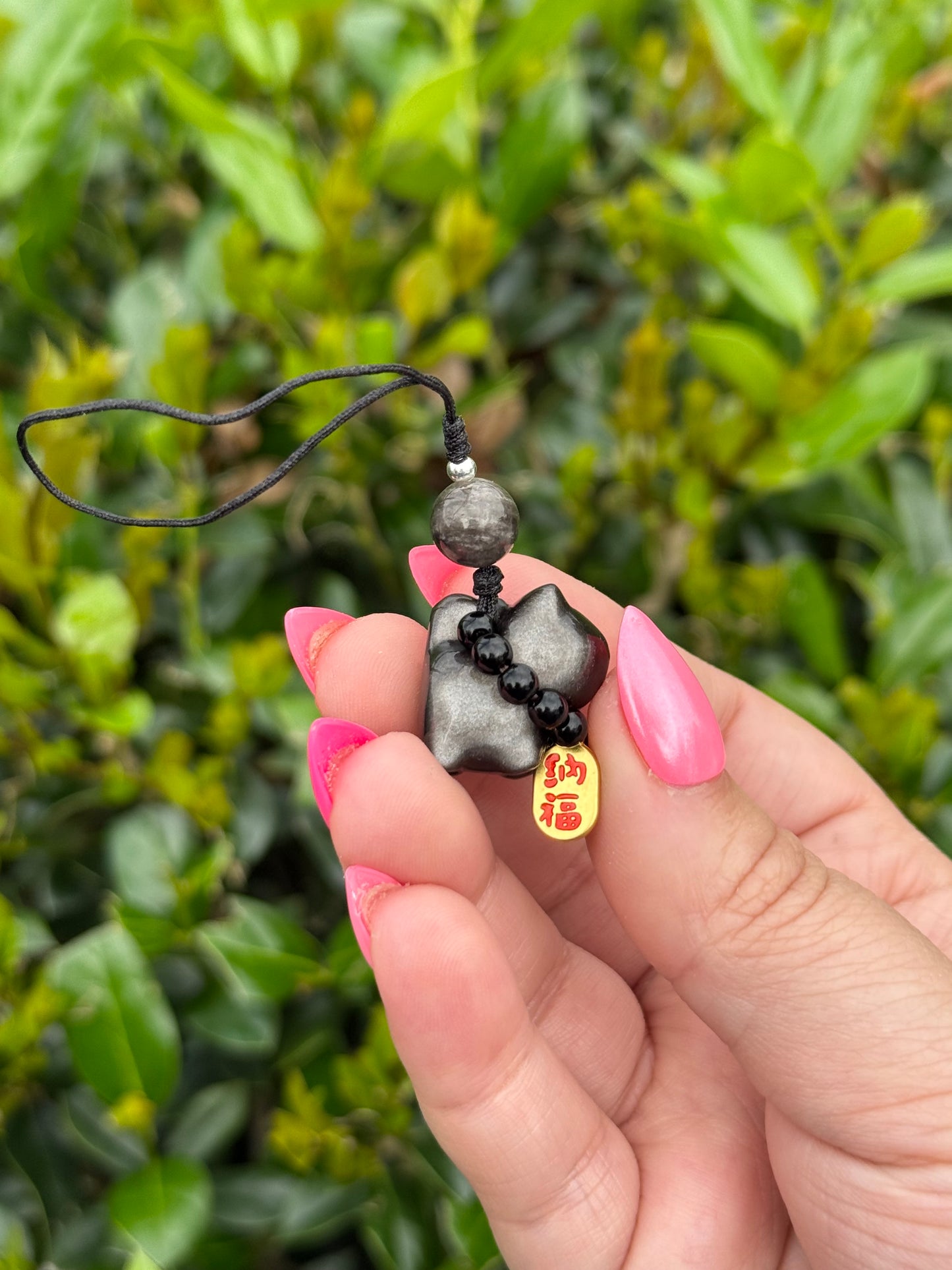 Silver Sheen Obsidian Kitty Keychain