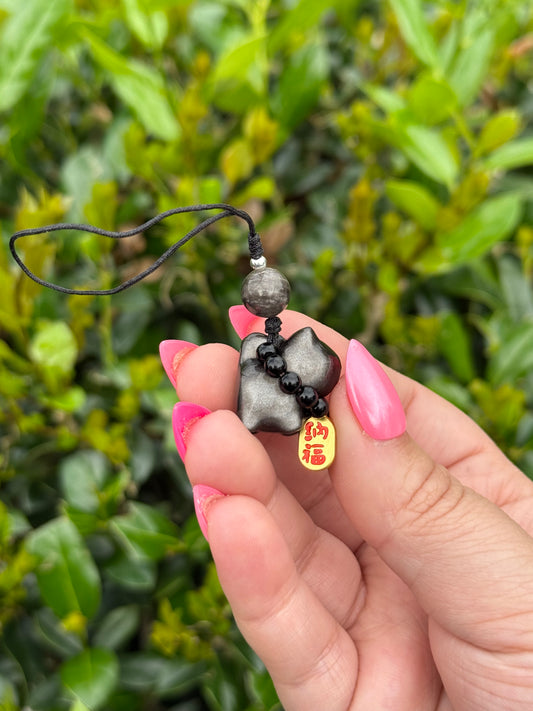 Silver Sheen Obsidian Kitty Keychain