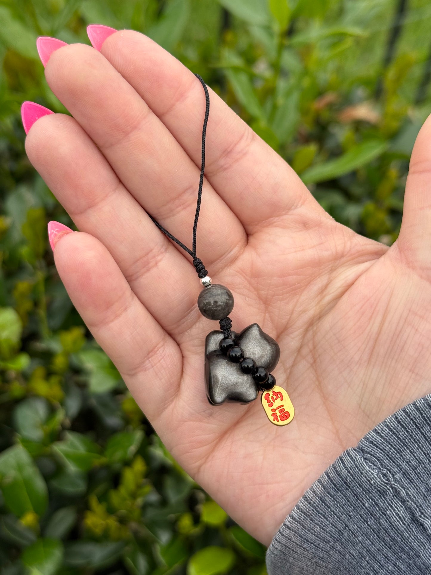 Silver Sheen Obsidian Kitty Keychain