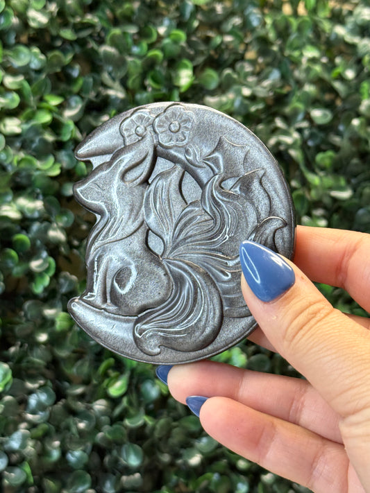 Silver Sheen Obsidian Fox on Moon - Intuitively Chosen (FLASHY)